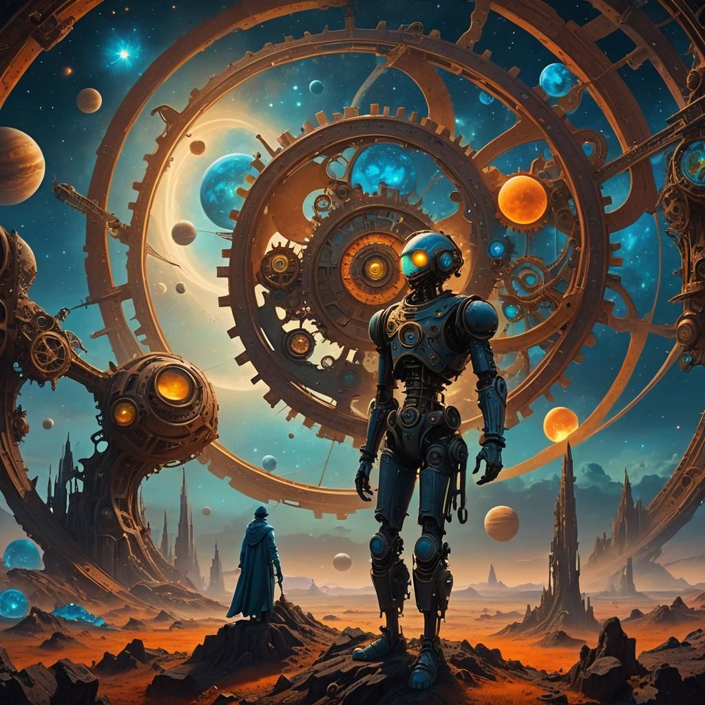 Clockwork Alien in Surreal Celestial Landscape