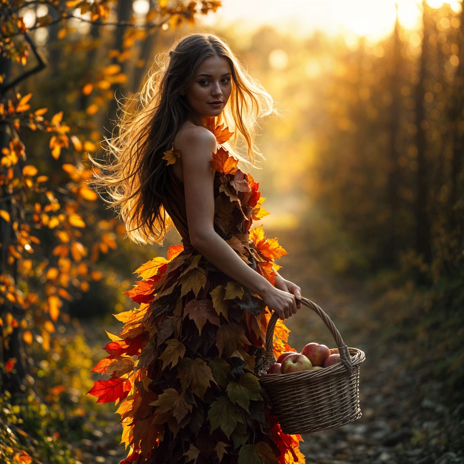Autumn Woman in Leaf Dress Amidst Golden Sunset Forest