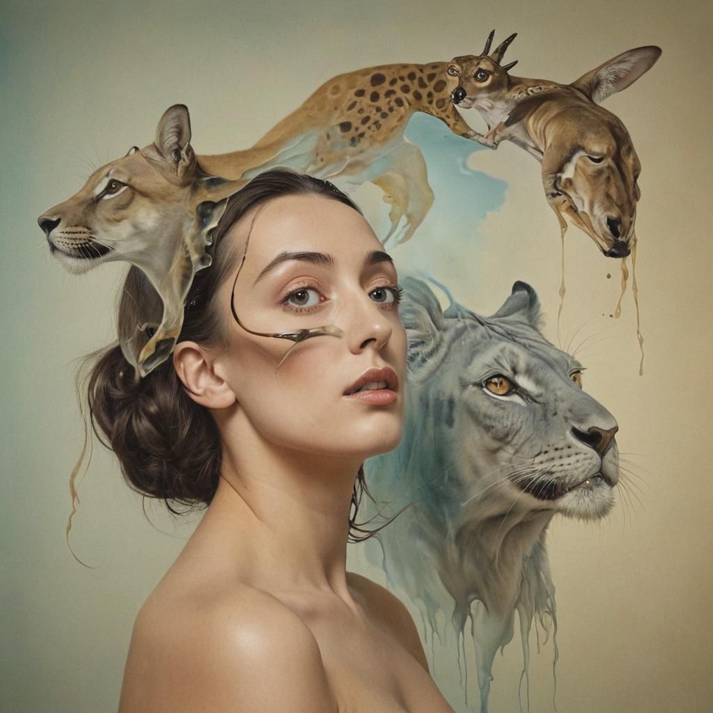 Surreal Woman Portrait with Animals in Dali Style