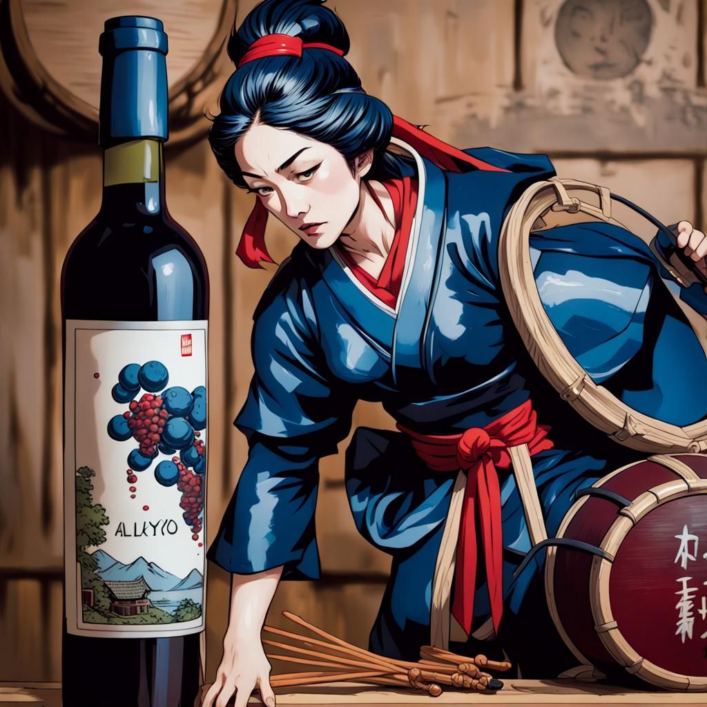 Fantasycore Woman with Blue Collar in Ukiyo-e Style