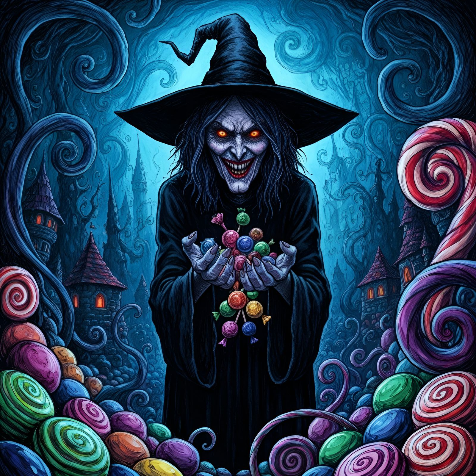 Sinister Witch Holds Candies in Vibrant Candyland