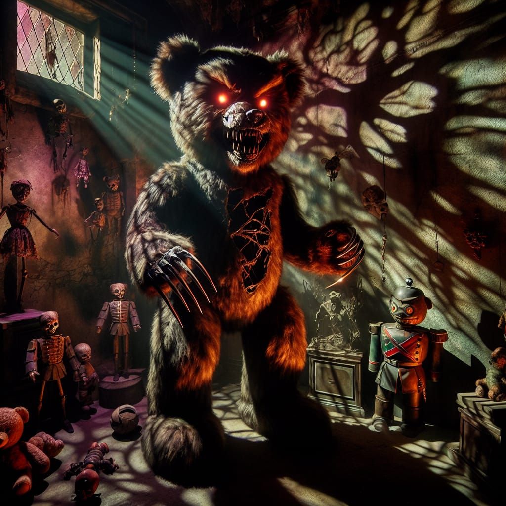 Menacing Teddy Bear in Shadowy Room