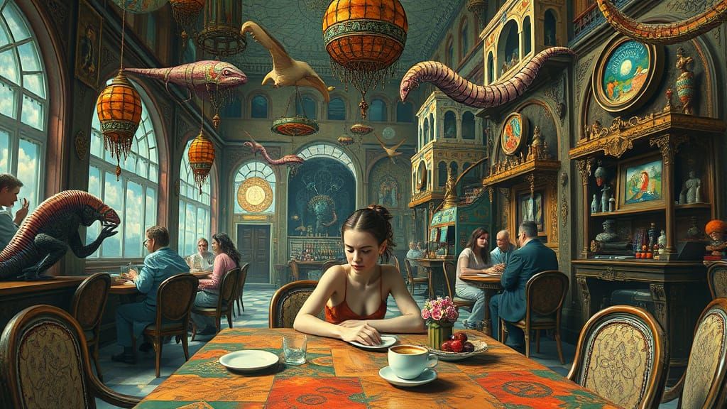 Surreal Cafe Scene with Guests from Different Eras