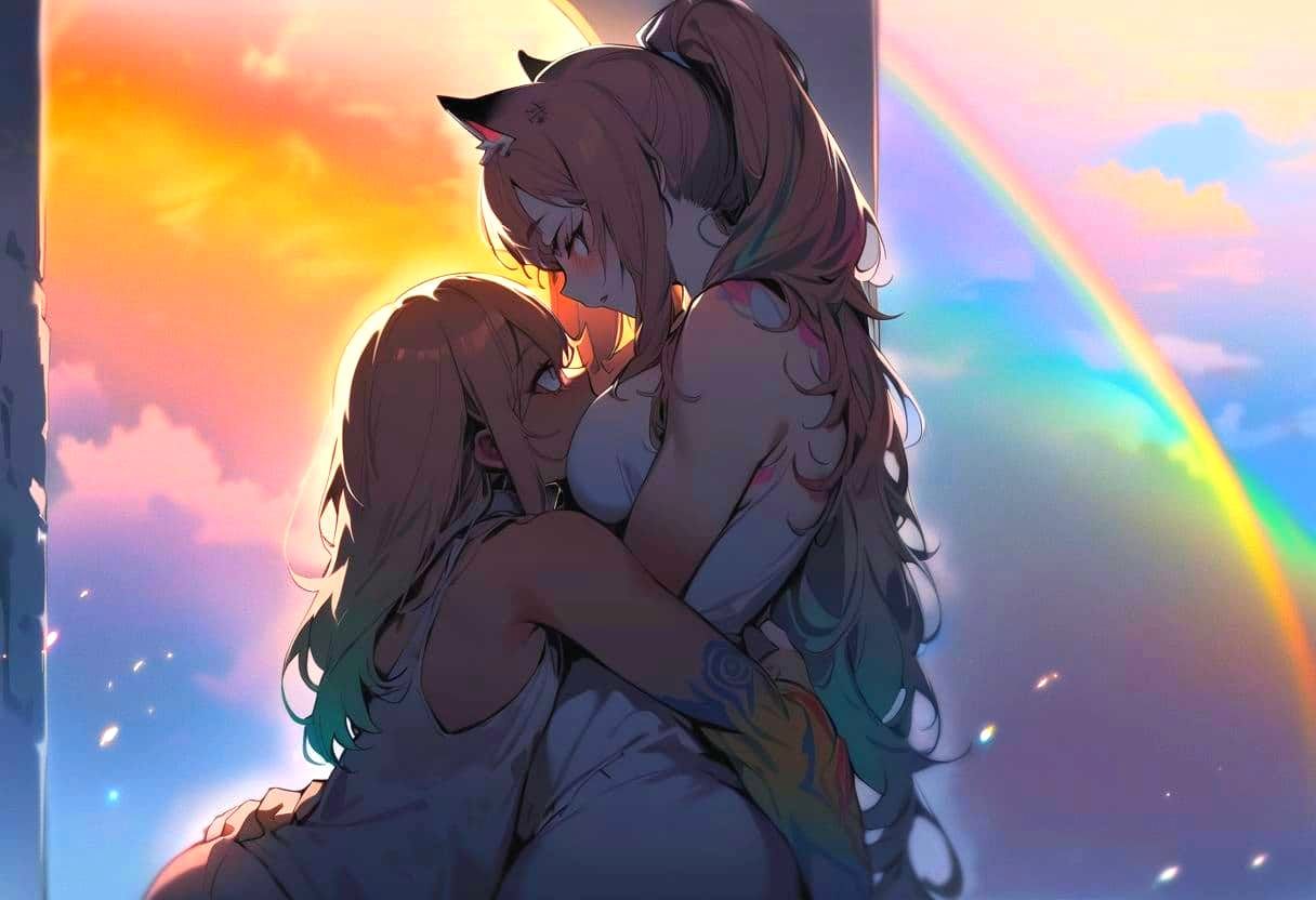 Lynx Girls' Passionate Kiss in Watercolour Style