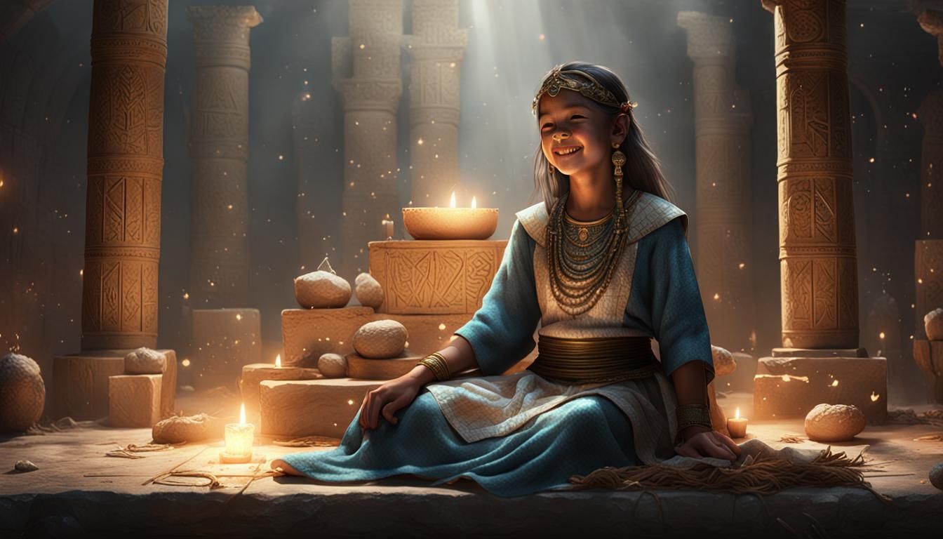 Mesopotamian Girl on Altar in Dark Fantasy Style