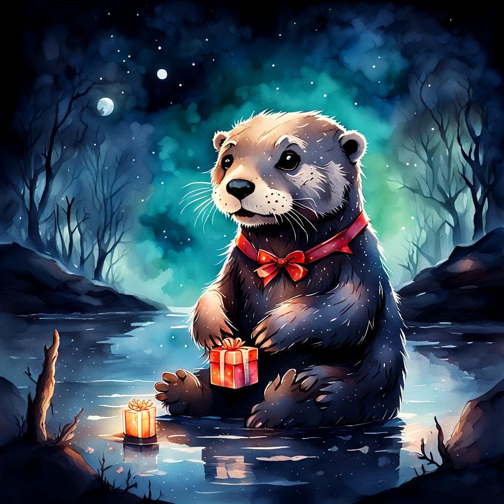 Undead Otter Guarding Teddy Bear in Watercolor