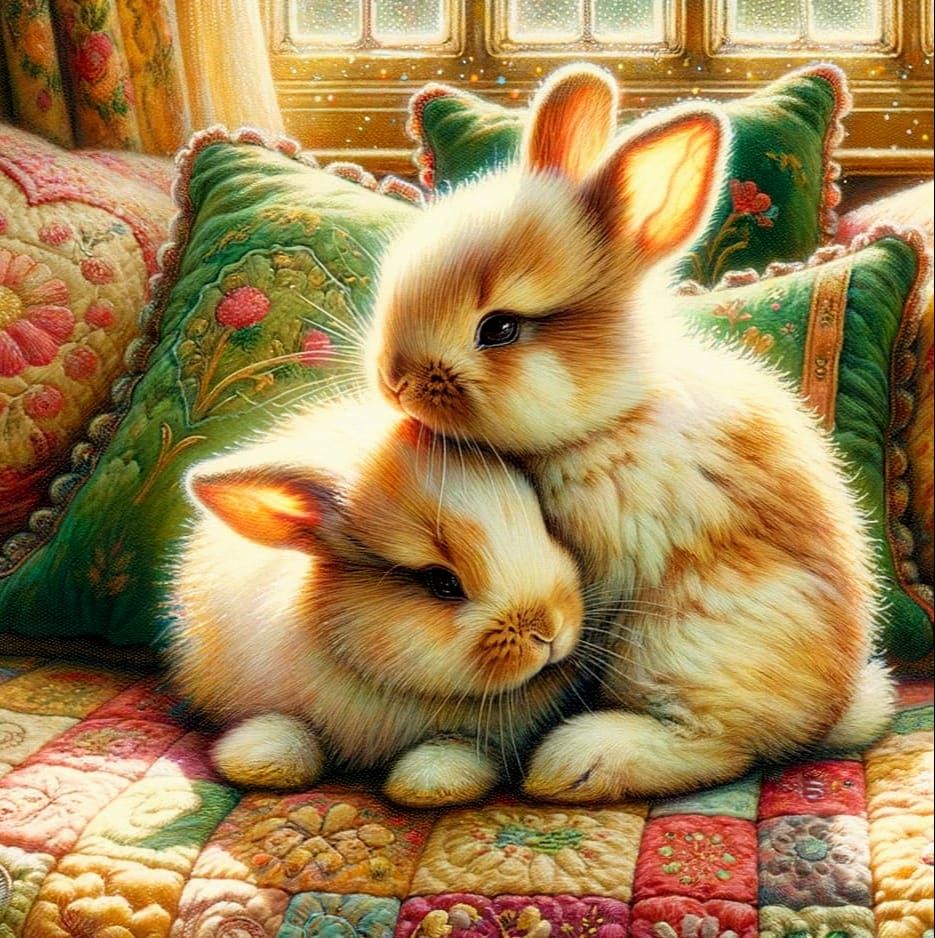 Impressionistic Watercolour of Bunnies Grooming on Quilt