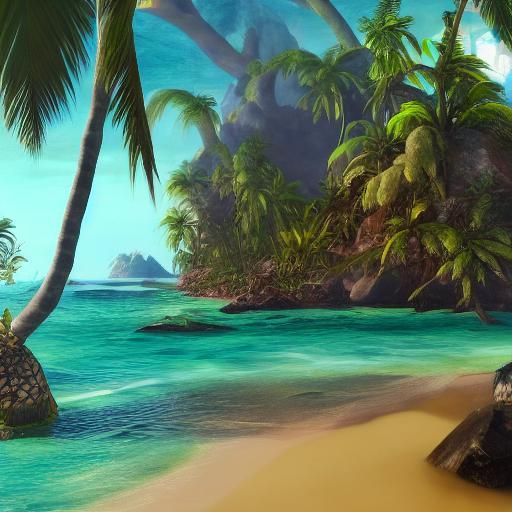 Lush Tropical Beach in Detailed Matte Painting Style