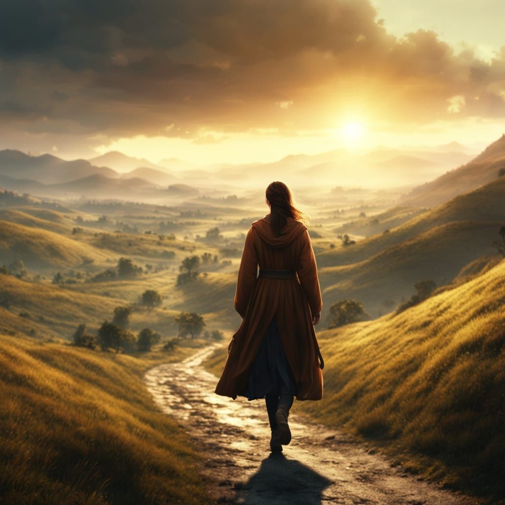 Golden Light Illuminates Woman's Path in Hills