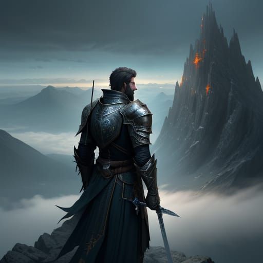 Epic Knight on Mountain in Sci-Fi Fantasy Style