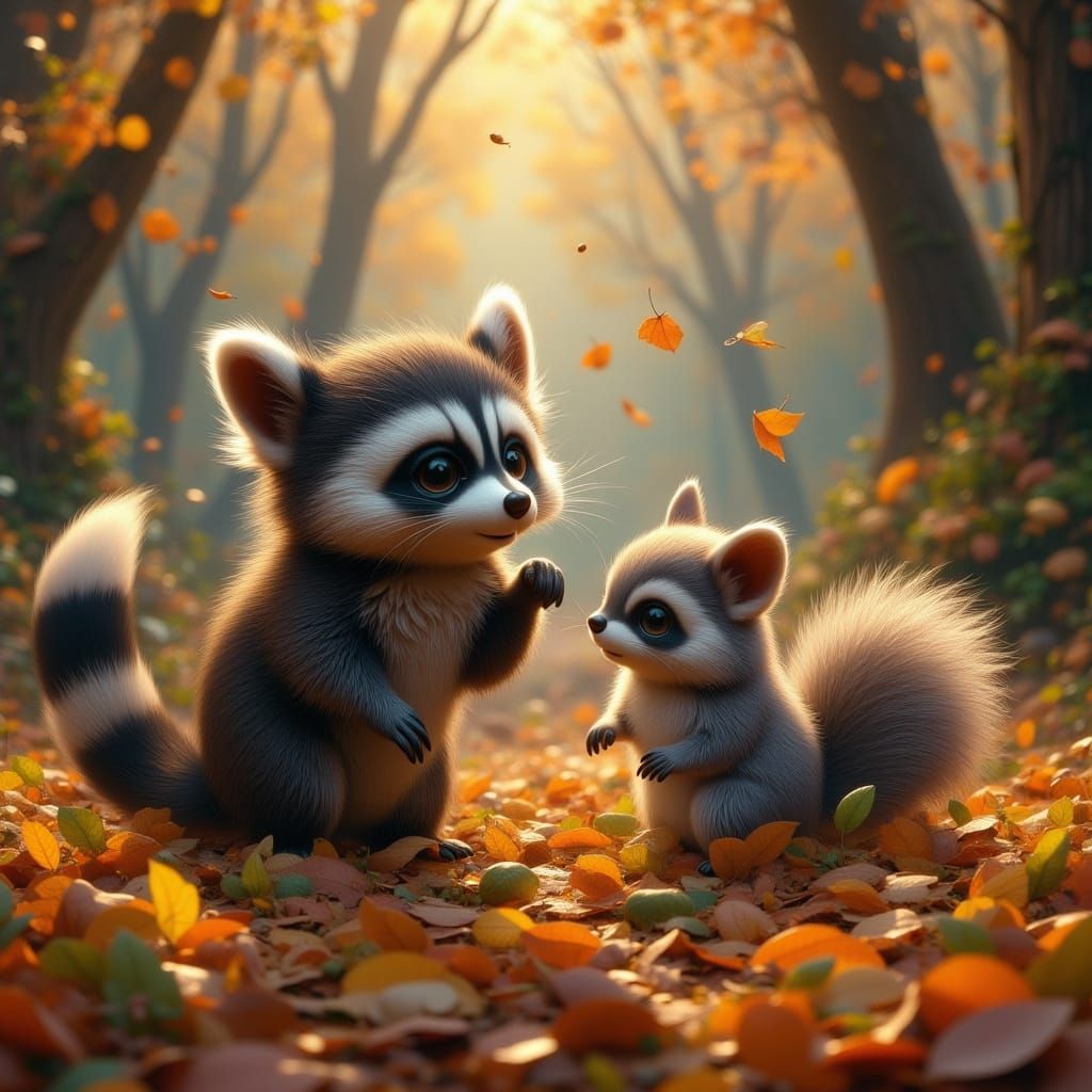 Adorable Raccoon and Squirrel Playing in Autumn Leaves