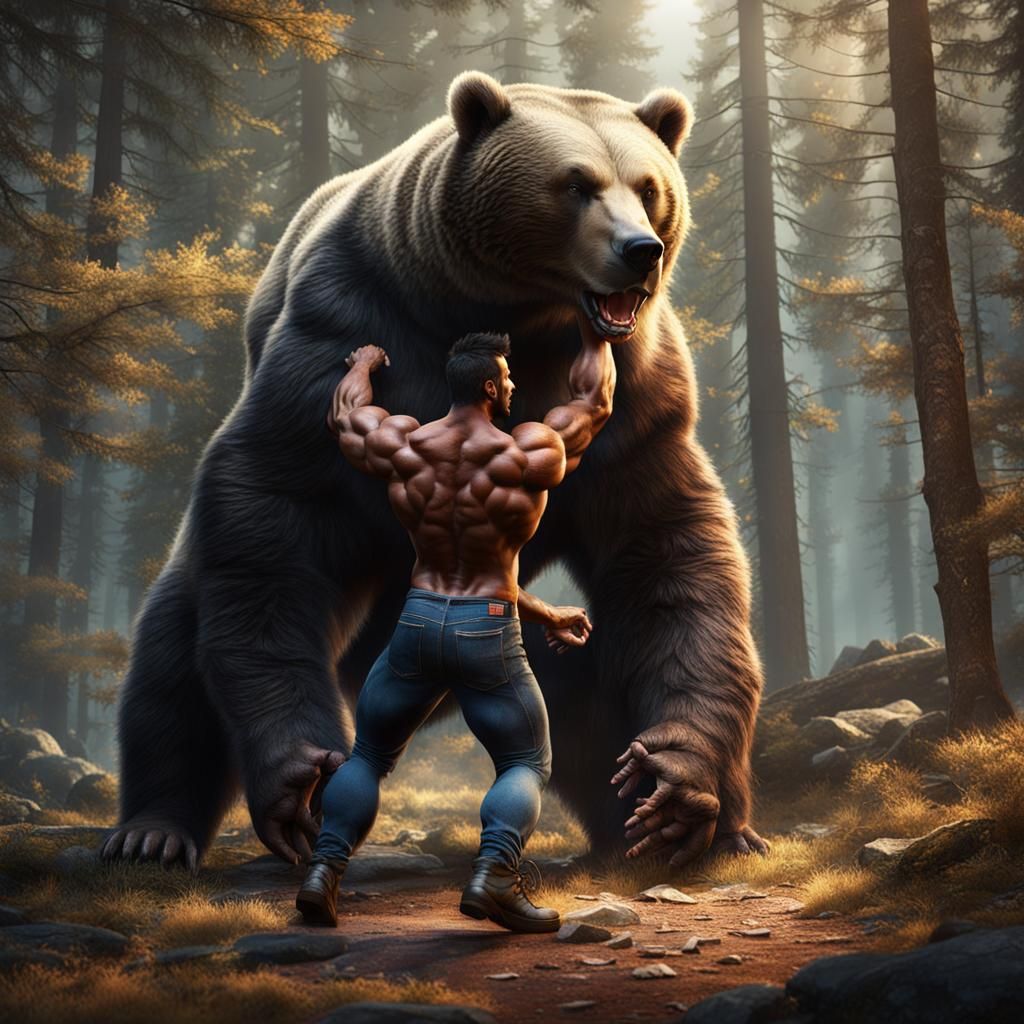 Bodybuilder Wrestles Bear in Forest: Detailed Matte Painting