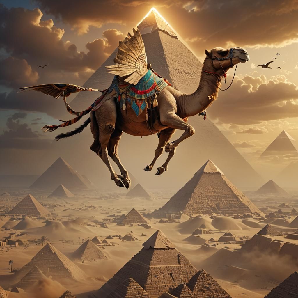 Winged Camel Flies Above Pyramids: Fantasy Concept Art