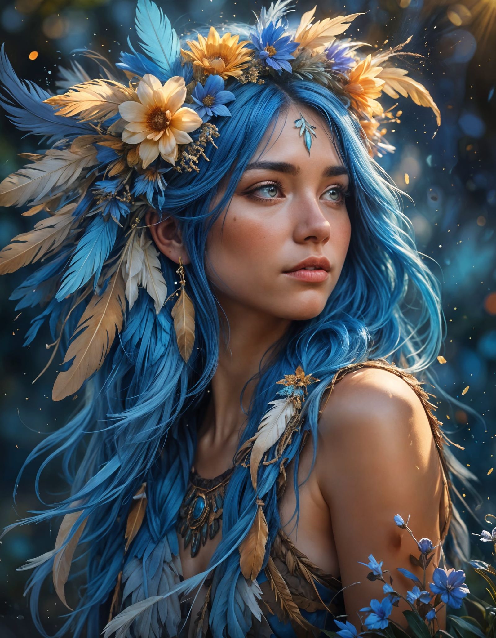 Majestic Native Girl with Vibrant Blue Hair and Floral Crown