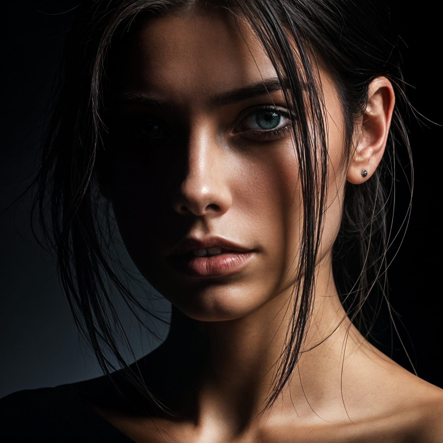 Brunette Woman in Shadow: Hard Light Portrait