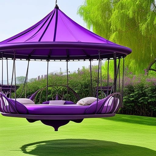 Ethereal purple and Lavender Gothic Round Swing Bed with Pergola Roof and flower Planters& gothic vibes& ethereal vibes&...