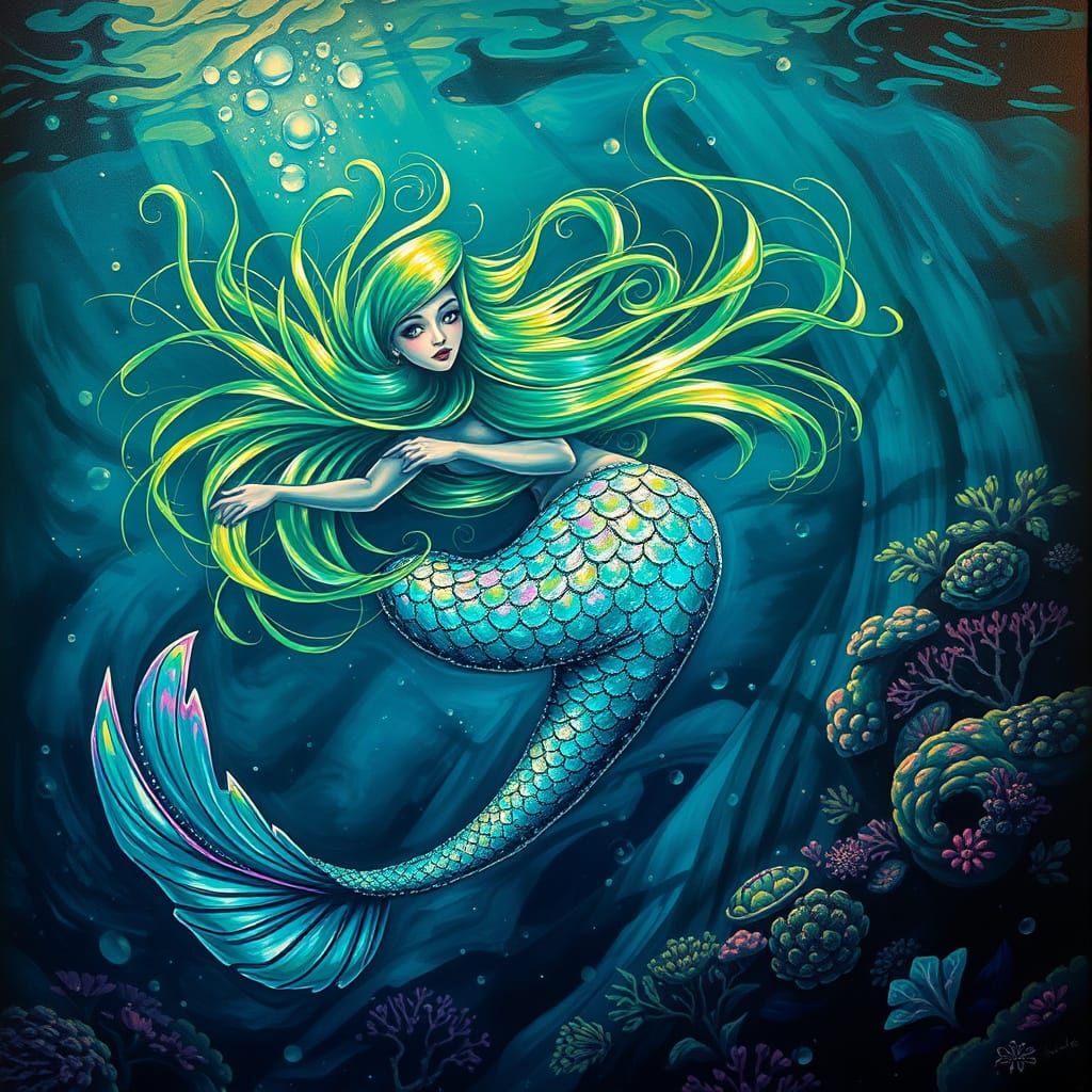 Mermaid Dances in Luminous Ocean Depths with Iridescent Scal...