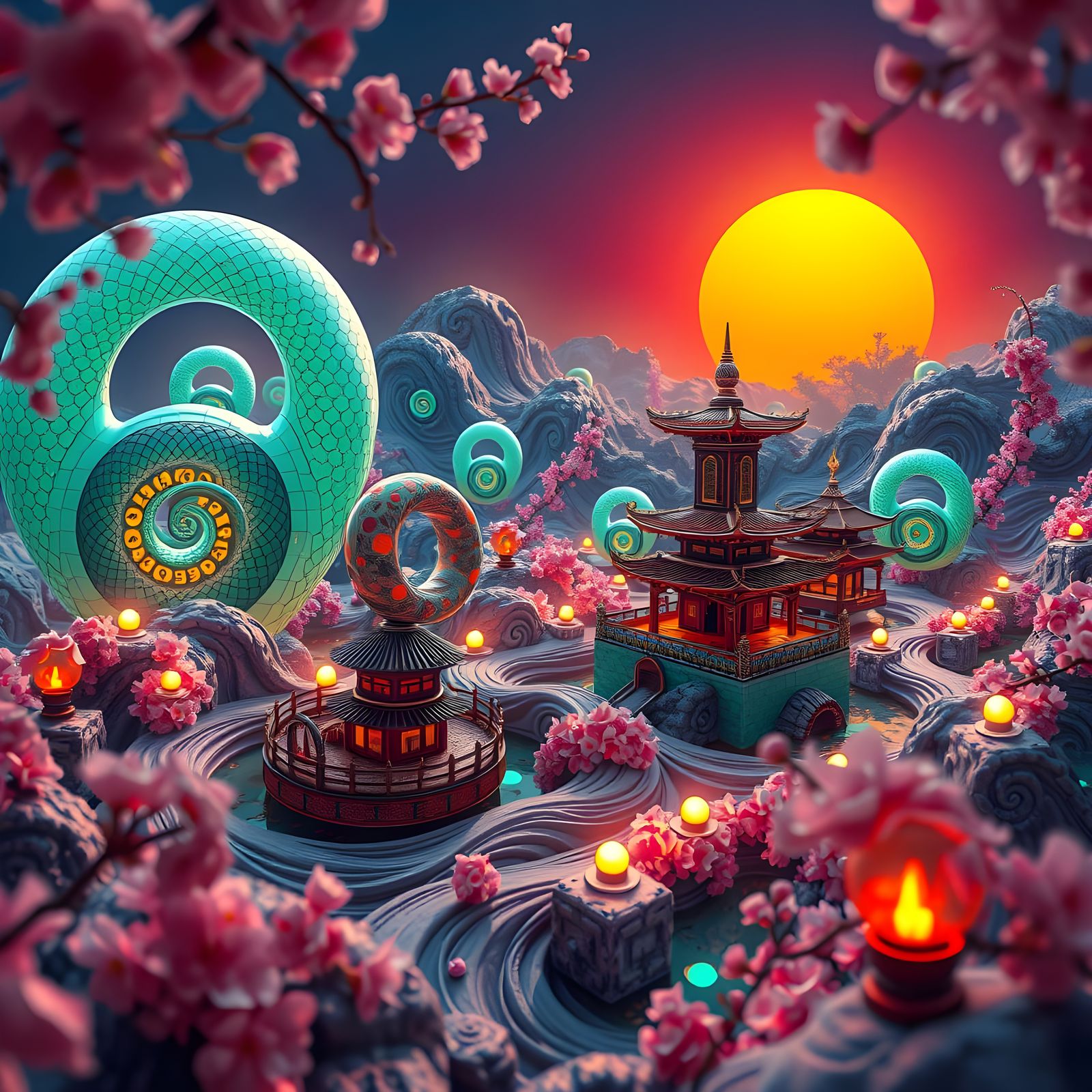 Steampunk Figure 8 Patterns in a Futuristic Japanese Citysca...