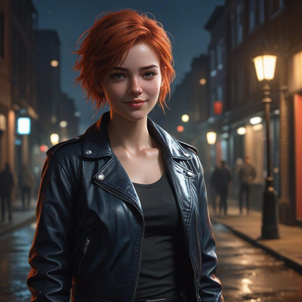 Teenage Girl in Leather Jacket on Empty Street at Night