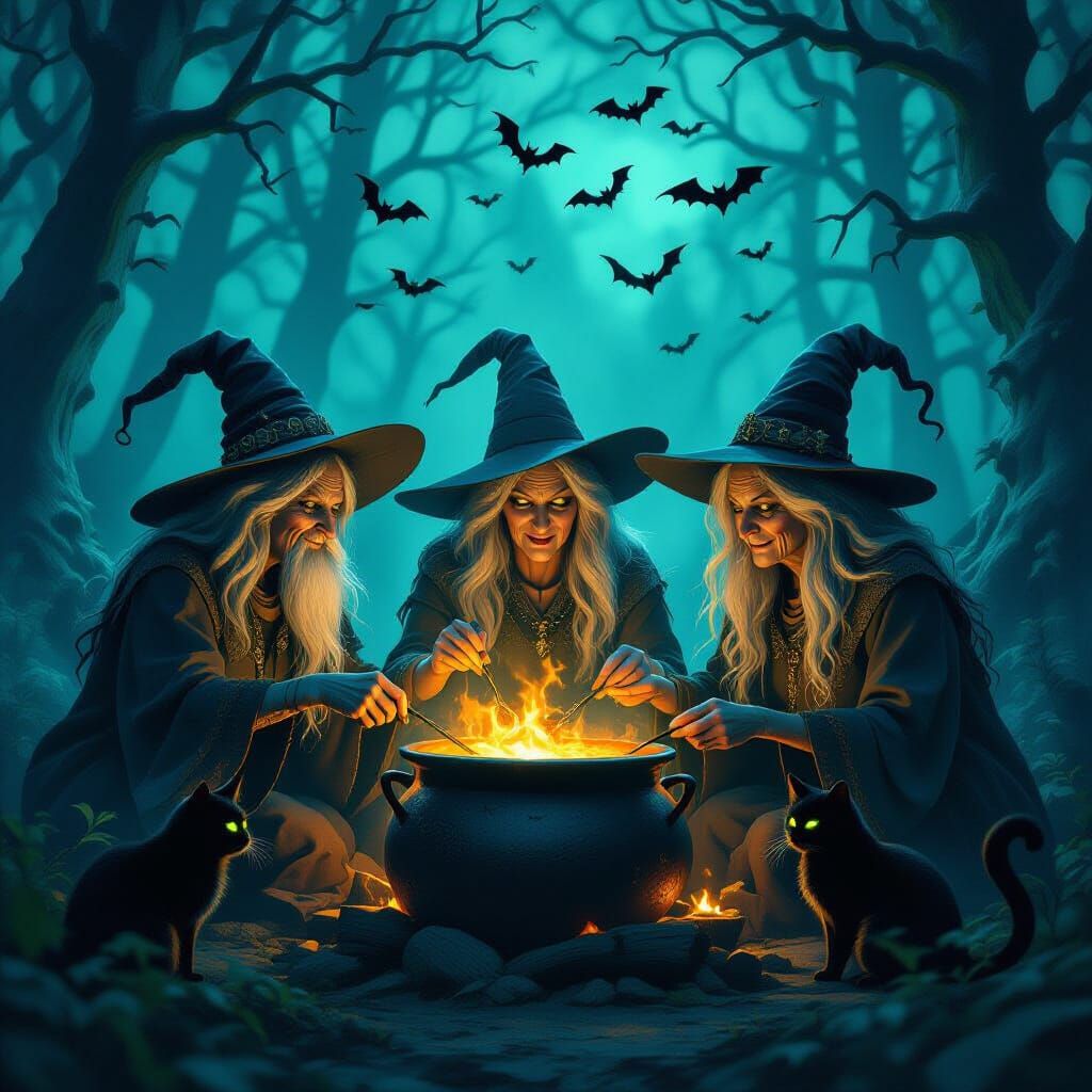 Ancient Witches Brewing Potion in Enchanted Forest