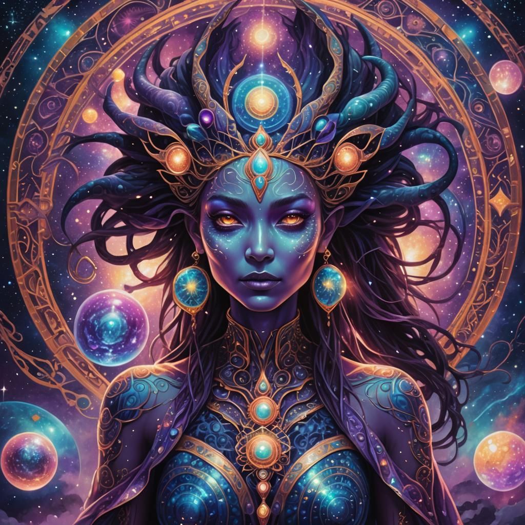 Cosmic Alien Sorceress in Shamanic Art Style