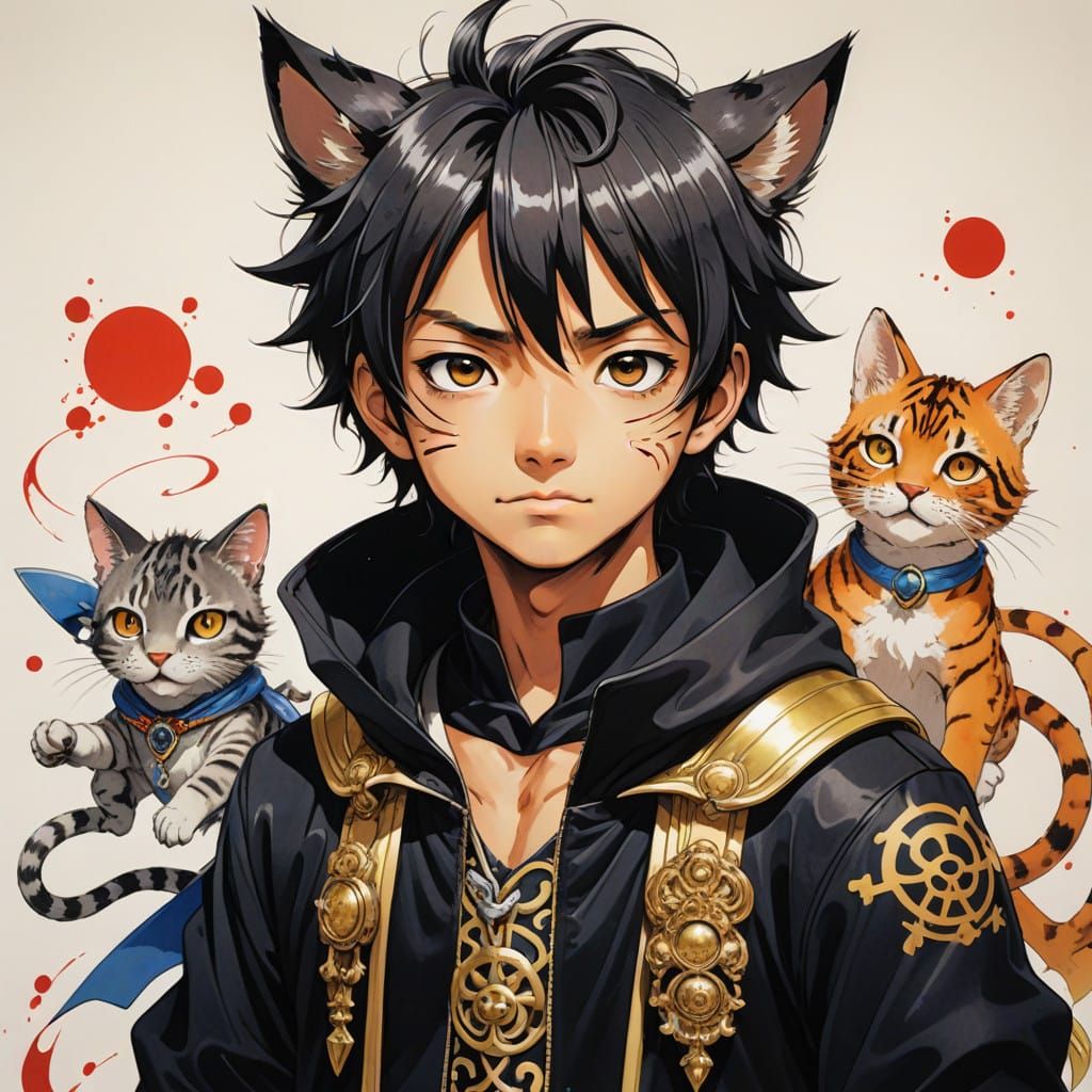 Mysterious Feline Boy in Vibrant Anime Style