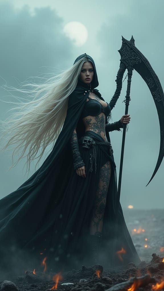 Statuesque Woman with Scythe on Battlefield