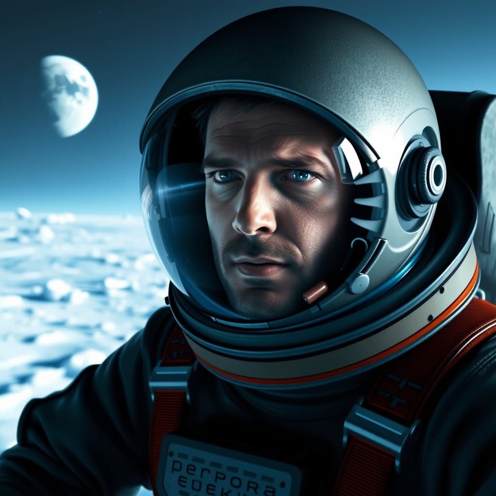 Vincent Freeman (Ethan Hawke) from "Gattaca," wearing a spacesuit, exploring the frozen moon Europa.