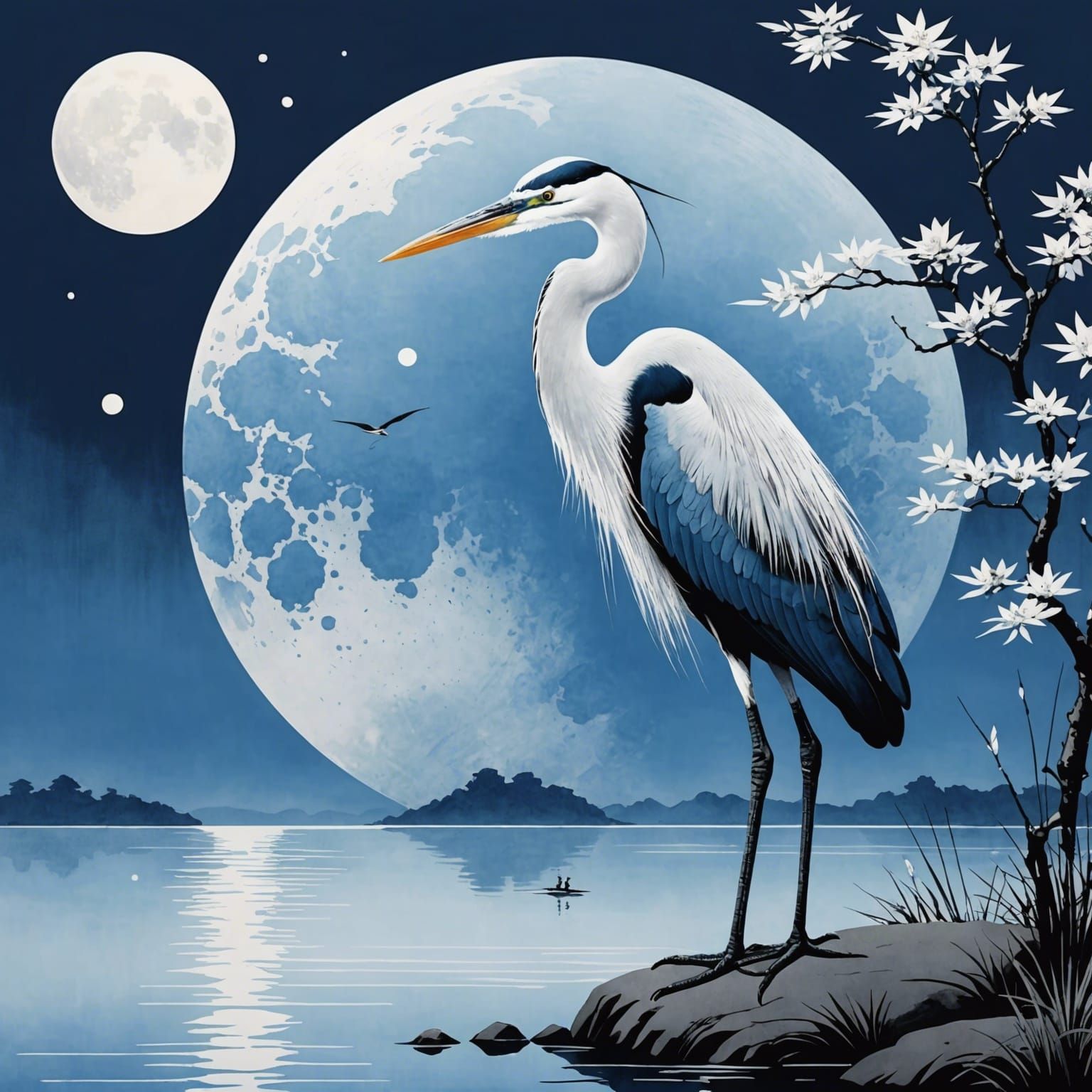 Minimalist Heron in Chinese Ink Painting Style