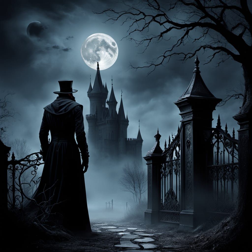Eerie Gothic Castle with Figure in Moonlight
