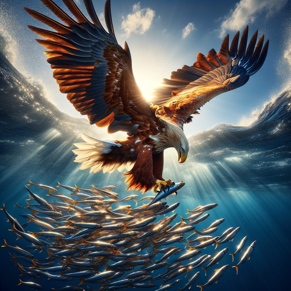 Majestic Eagle Diving for Fish in Sparkling Sea