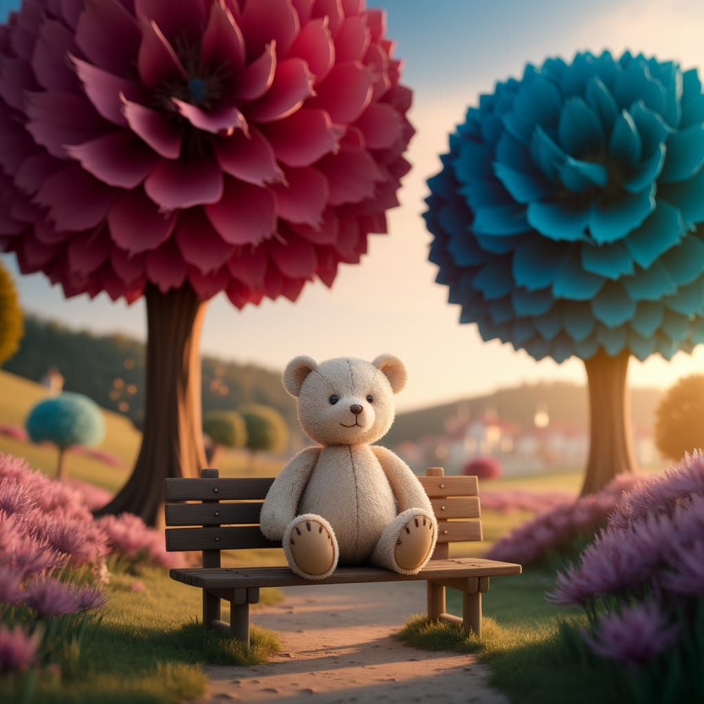 Teddy Bear with Giant Origami Flowers in Golden Light
