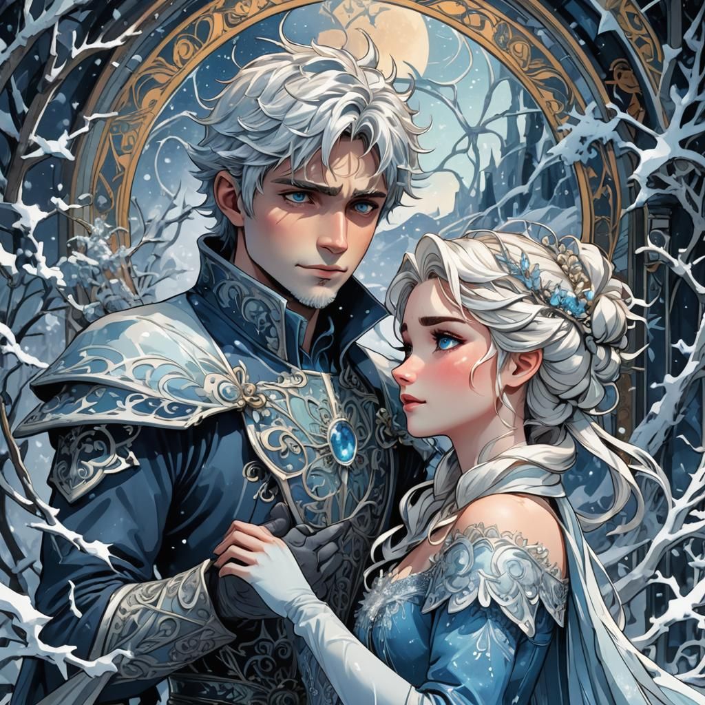 Jack Frost and Elsa in Art Nouveau Blizzard
