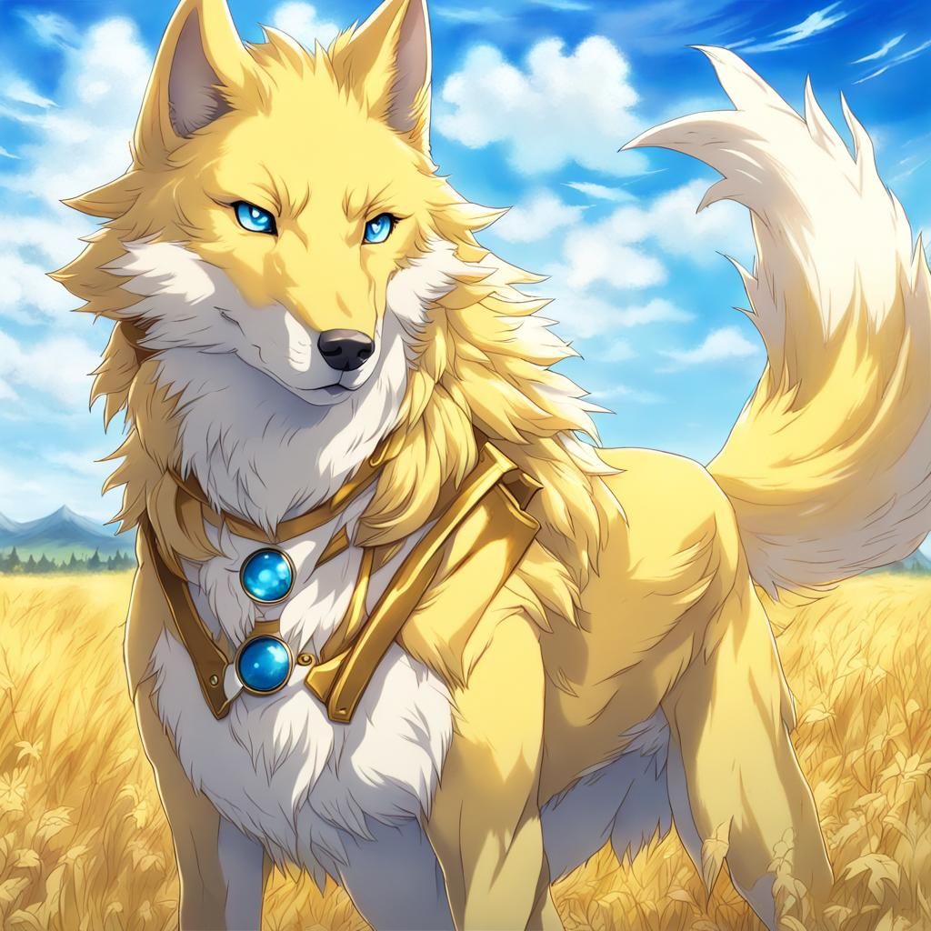 Golden Wolf with Blue Eyes in Anime Style