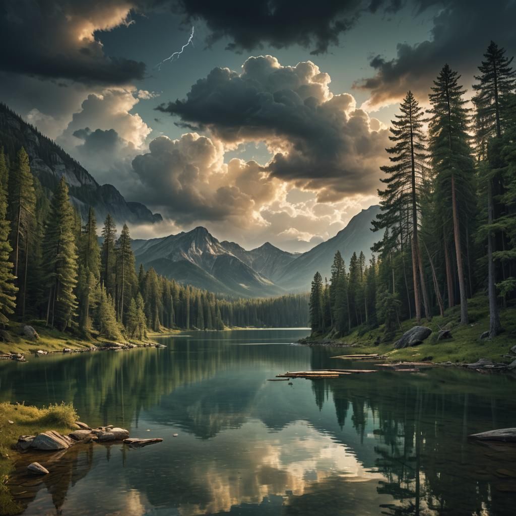 Serene Mountain Lake Reflects Ominous Sky