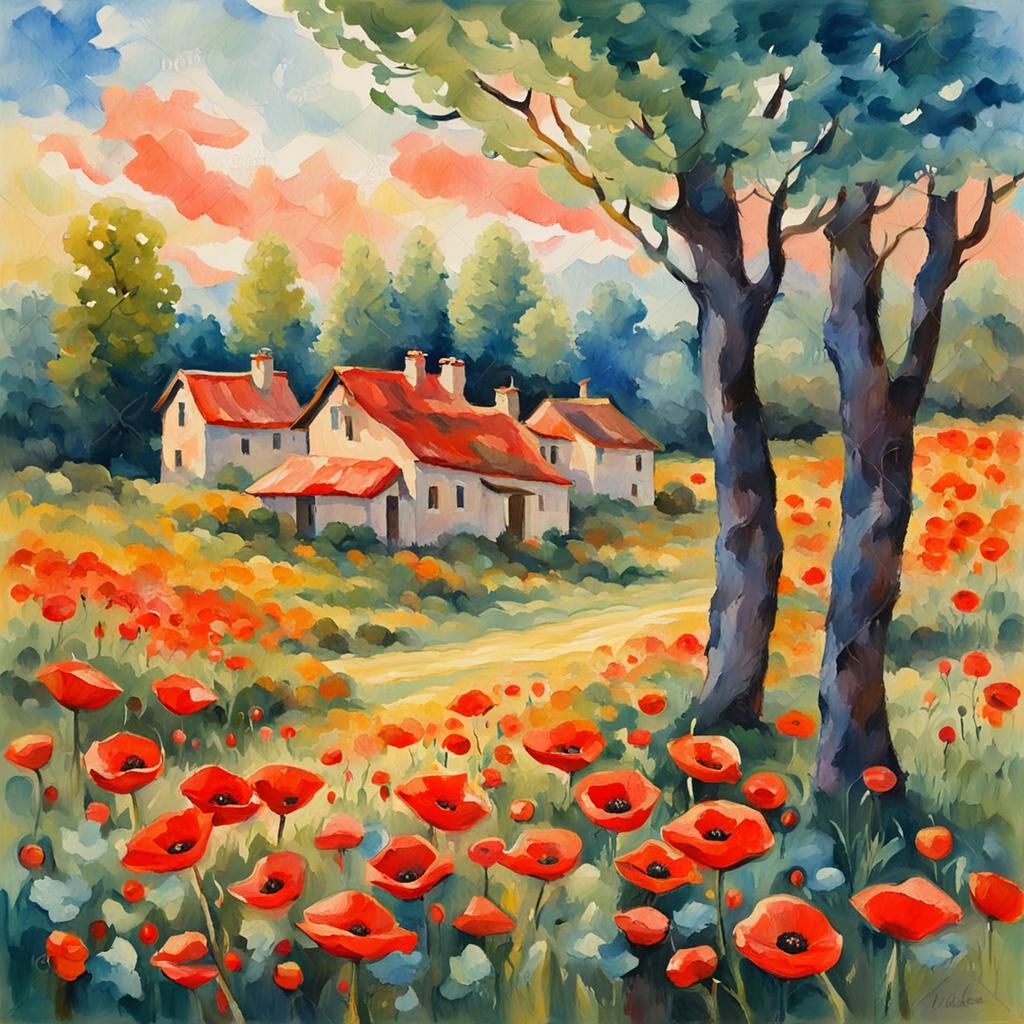 Summer Village Poppies in Gouache Watercolor Style