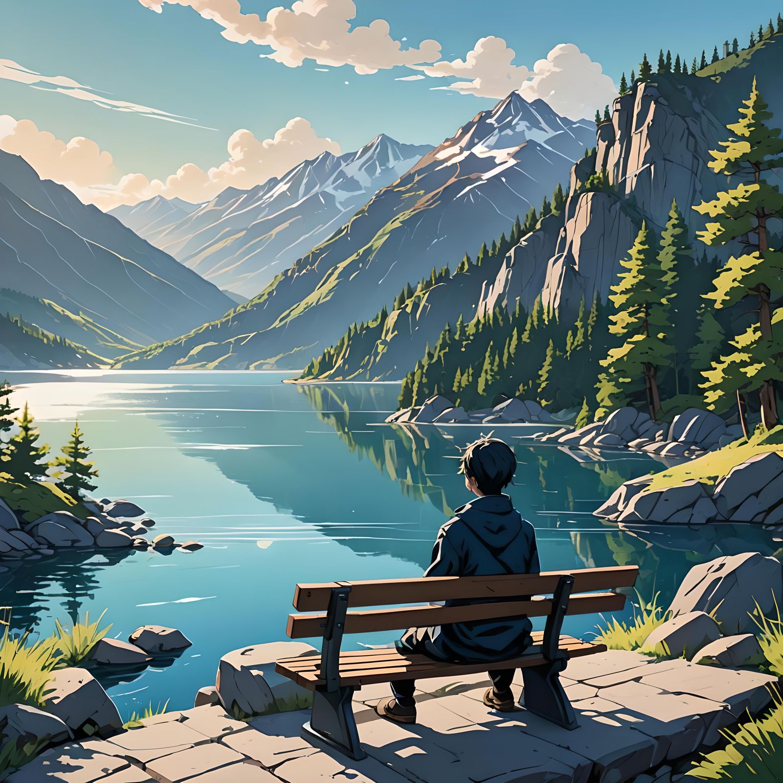 Anime Scene: Serene Lake and Mountain View