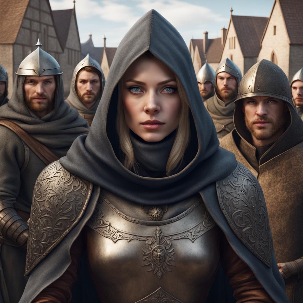 Medieval Warrior Woman Surrounded by Townsfolk