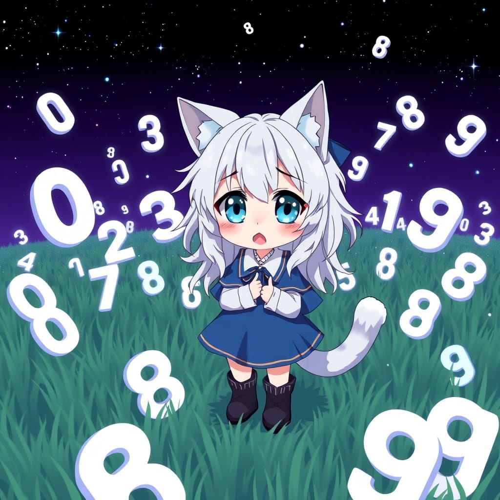 Anime Catgirl Amidst a Whimsical Field of Floating Numbers