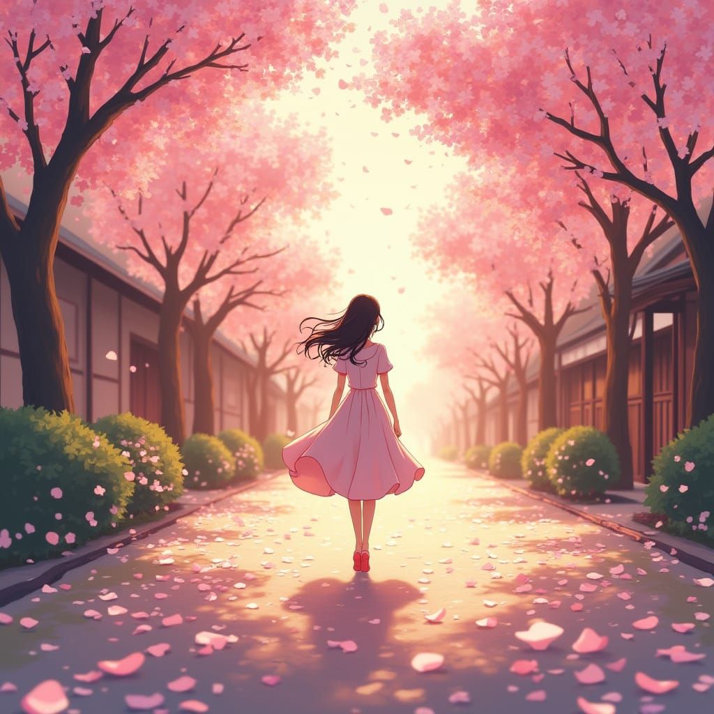 Serene Woman in Cherry Blossom Anime Town