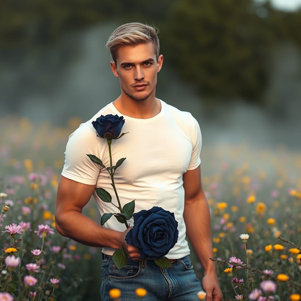 Ethereal Gentleman in a Dewy Floral Scene