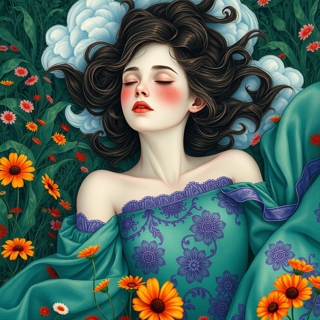 Watercolor, young woman lying in a field