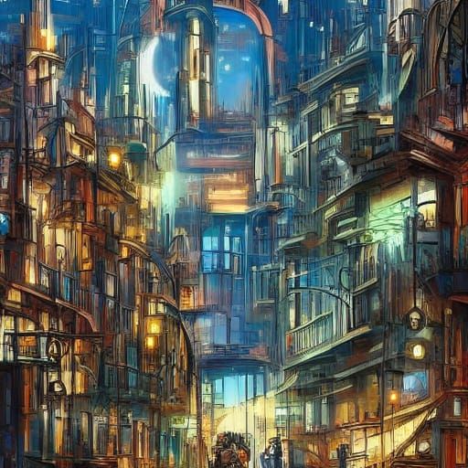 Steampunk Woman Views 1920s Cityscape at Night