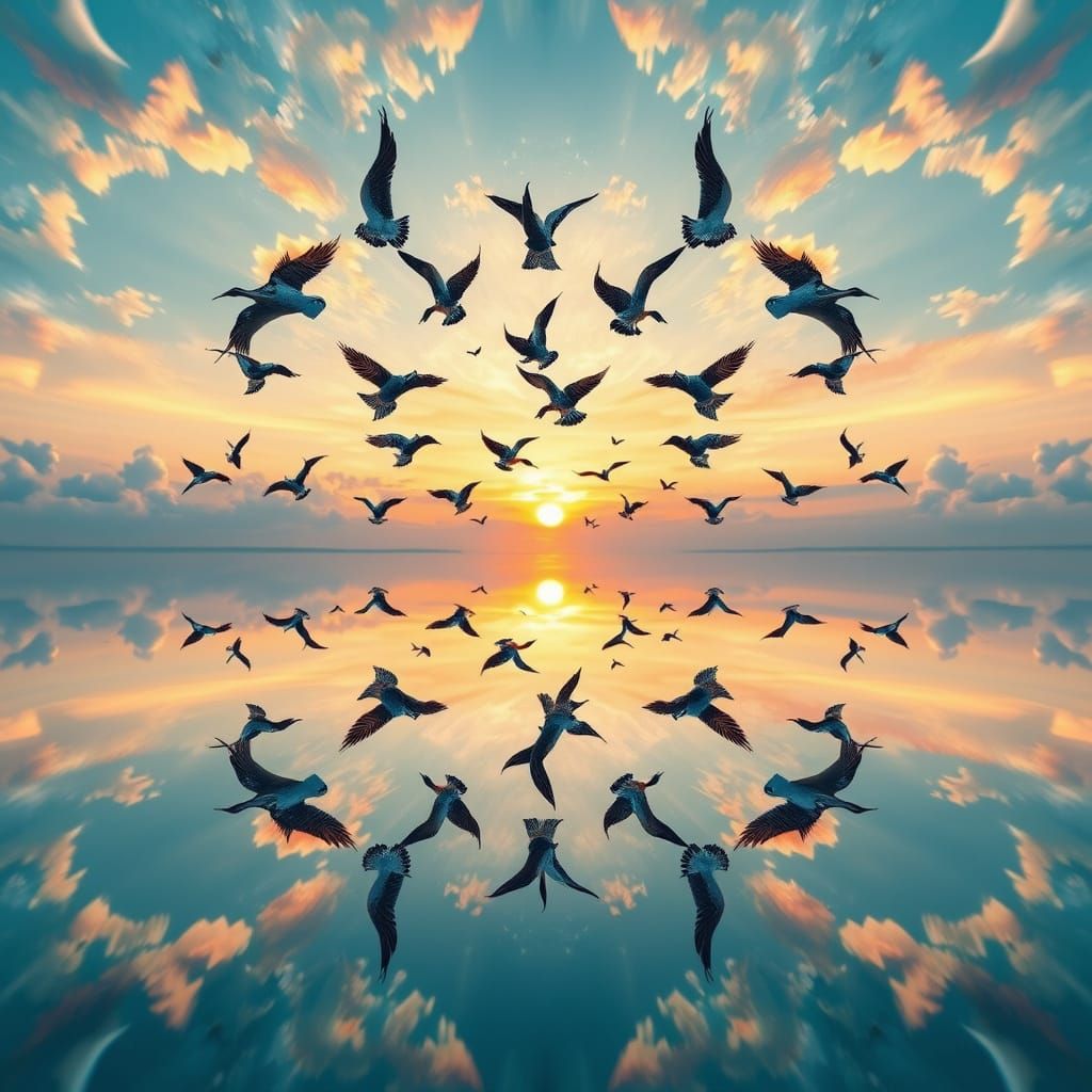 Birds in Mirrored Sky: Kaleidoscope Watercolor Art