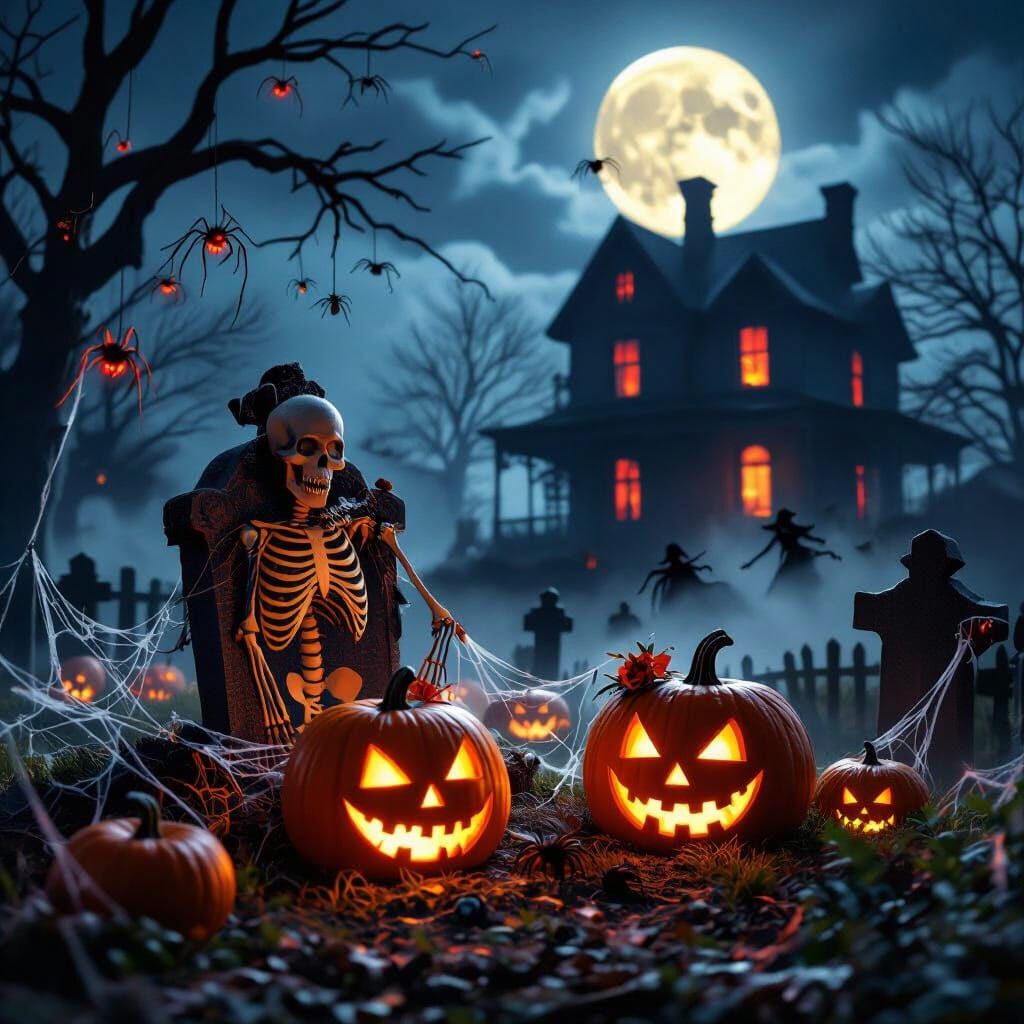 Skeleton Escapes Grave Under Full Moon, Haunted Mansion Scen...