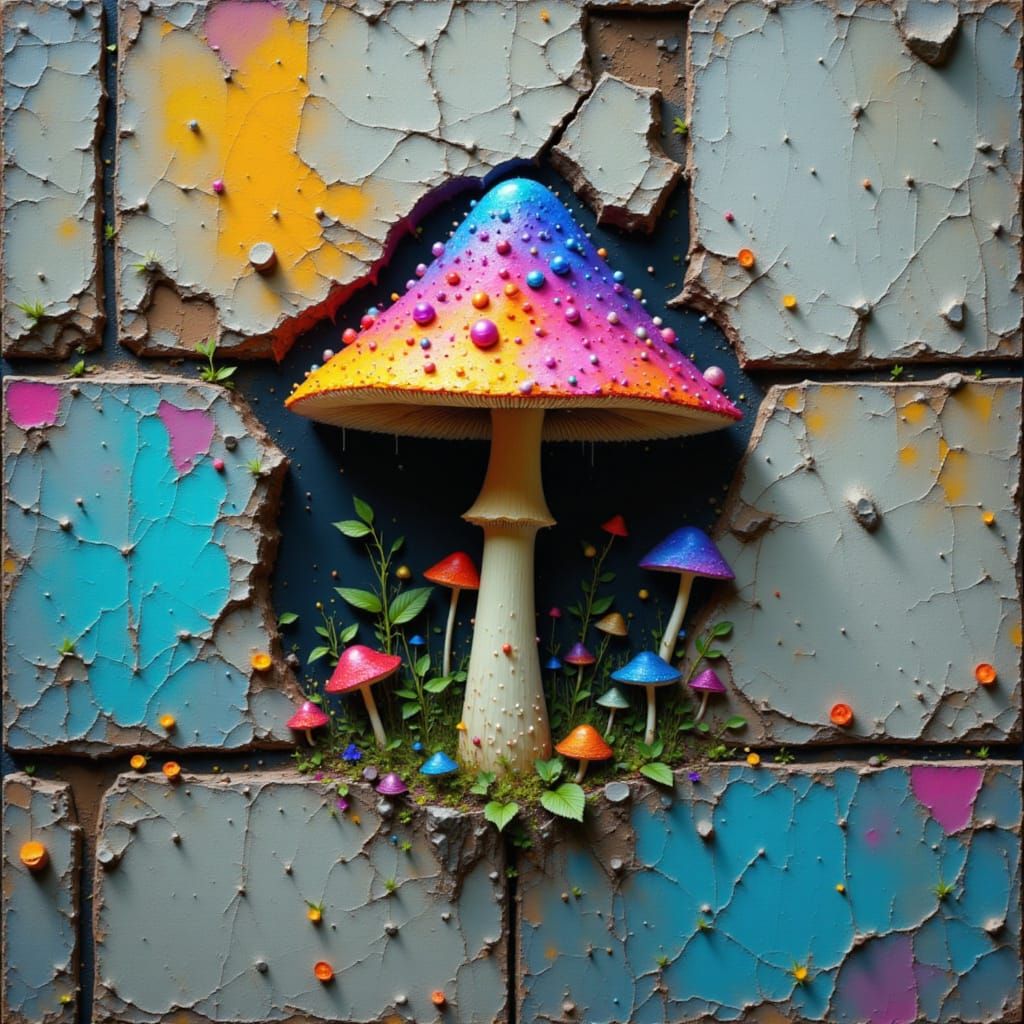 Vibrant Mushroom Growing from Brick Wall Crack
