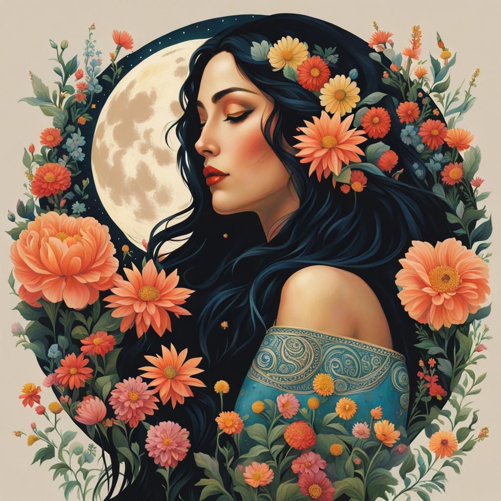 Moon Goddess Portrait with Latin Flowers