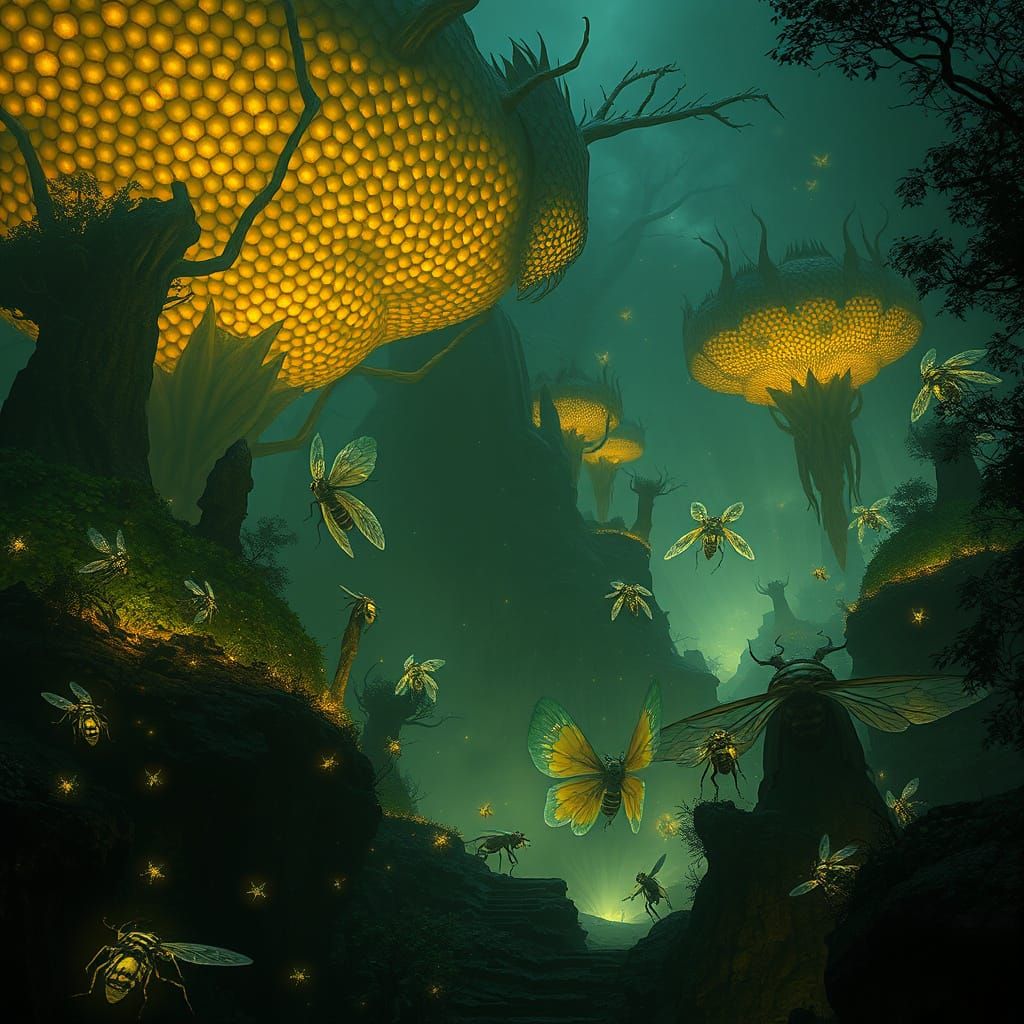 Dark Fantasy Realm with Bioluminescent Plants and Insect Hiv...