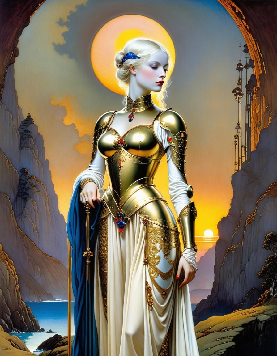 Armored Woman in Sunset: A Fairytale Illustration