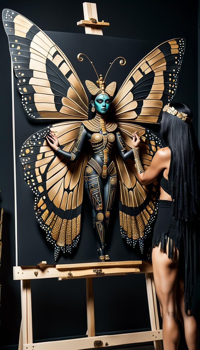 Obsidian Butterfly Goddess: Aztec Deity in Cubist Style